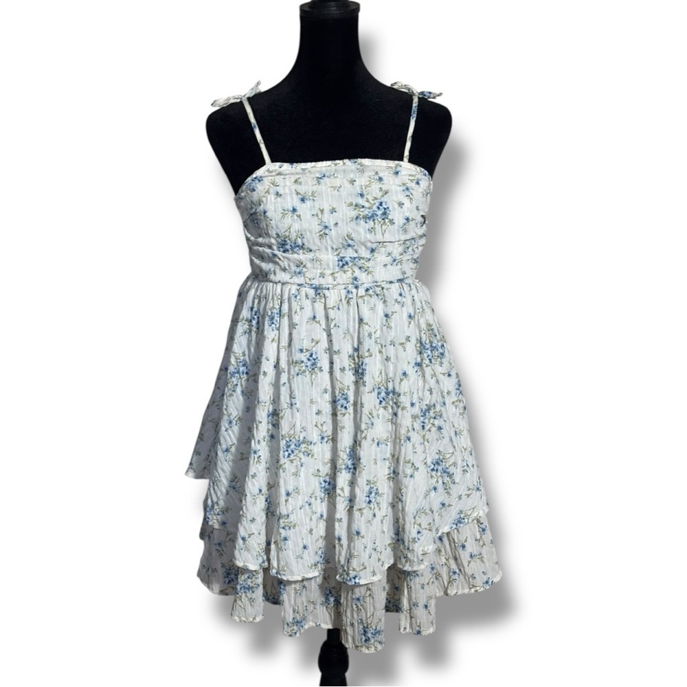 Unbranded White and Blue Floral Layered Tie Straps Empire Waist Babydoll Dress - Picture 1 of 16